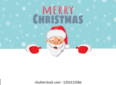 Santa Claus holding border. Christmas blank advertising banner. Merry christmas text. Face of Santa Claus in red hat vector illustration