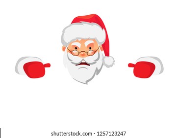 Santa Claus holding border. Christmas blank advertising banner. Face of Santa Claus in red hat vector illustration