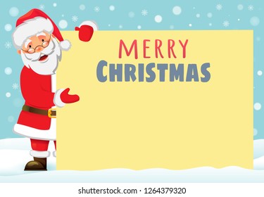 Santa Claus holding border. Christmas blank advertising banner. Merry christmas text. Face of Santa Claus in red hat vector illustration