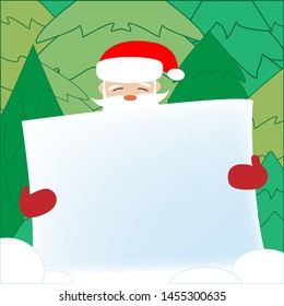 Santa Claus holding border or piece of sheet. Christmas blank advertising banner. Face of Santa Claus in red hat with green fir or pine. vector illustration