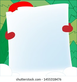 Santa Claus holding border or piece of paper. Christmas blank advertising banner. Face of Santa Claus in red hat with green fir or pine. vector illustration