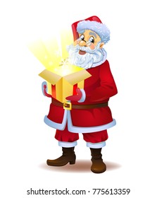 Santa Claus holding a box with a magic gift, Christmas miracle. A vector illustration in traditional style