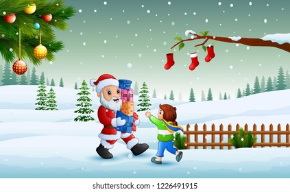 Santa claus holding a boxes gift and little girl in winter