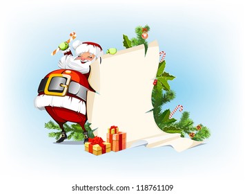 Santa Claus holding candy and standing beside the scroll for gifts