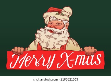 Santa Claus holding card. Vintage Christmas character isolated vector illustration.