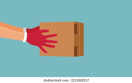 
Santa Claus Holding a Cardboard Delivery package Vector Cartoon Illustration. Delivery service arriving just in time for the holidays
