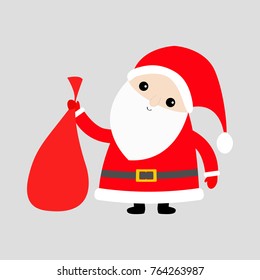 Santa Claus holding carrying sack gift bag. Red hat, costume, big beard, golden belt. Cute cartoon kawaii funny character. Merry Christmas. White background Isolated. Greeting card Vector illustration