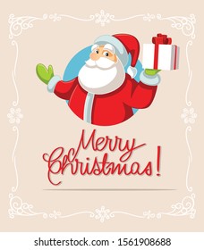 Santa Claus Holding Christmas Gift Poster Design. Holidays greeting card poster party invitation design
