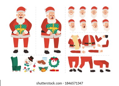 Santa claus con regalo de navidad. Carácter para el diseño de animación con diversas expresiones faciales, gestos de mano, ilustración de movimiento de cuerpo y pierna