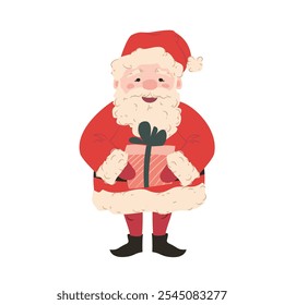 Santa Claus holding a Christmas gift, ideal for holiday cards, gift bags, seasonal decorations, posters, and winter greeting designs, spreading festive cheer and holiday spirit