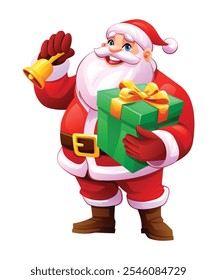 Santa Claus holding a Christmas gift and a golden bell, smiling happily for the holiday season. Vector cartoon illustration