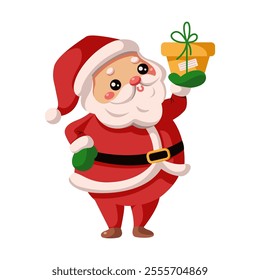 Santa Claus holding Christmas gift box flat color vector character. New Year season festive atmosphere illustration on white background