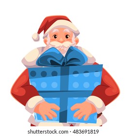 Santa Claus holding a Christmas gift box, cartoon style vector illustration isolated on white background. Half length portrait of Santa holding a blue present box, Christmas decoration element