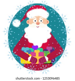Santa Claus holding Christmas gifts. Greeting card. Poster with Santa gives gifts for decoration design. White background. Funny santa claus. Cute cartoon people. Celebration concept. Blank postcard.