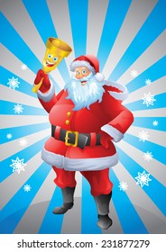 Santa claus holding christmas ringing bell, sun rays background