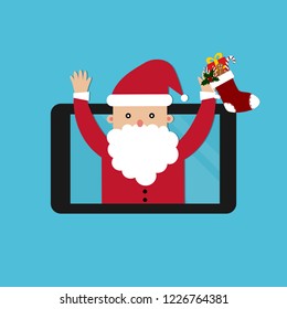 Santa Claus holding Christmas sock and notification on smartphone vector