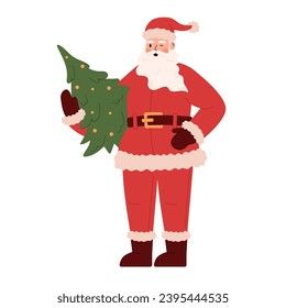 Santa Claus is holding a Christmas tree in his hands. Santa in a hat with a beard.Christmas character isolated on a white background.