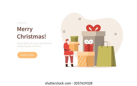 Santa Claus holding colorful gift boxes and standing near stack of decorated Christmas presents. New Year and winter holiday celebration concept. Flat cartoon vector illustration isolated.
