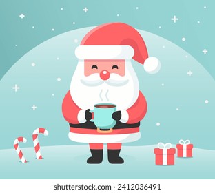 Santa Claus holding a cup of hot drink, christmas character, Merry Christmas poster, happy winter holidays. High quality vector illustration.