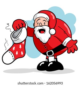 Santa Claus holding a dirty and smelly Christmas stocking. Vector illustration