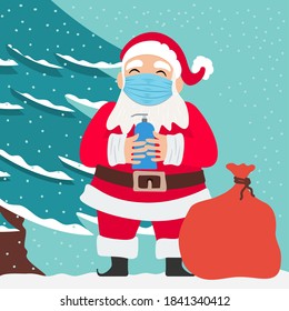 Santa Claus holding a disinfectant and wearing a face mask due to the covid-19 coronavirus outbreak. New normal concept.