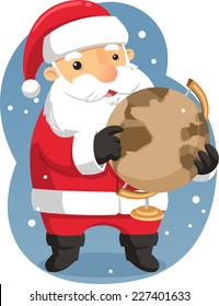 Santa Claus Holding Earth Globe, vector illustration cartoon.