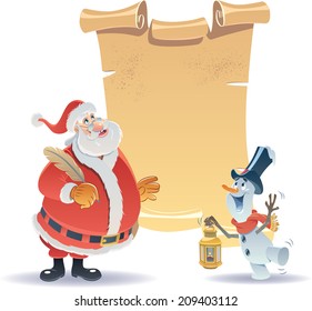 Santa Claus holding a feather pen with a Little Snowman holding a lantern, paper on background where to write your wishes, all editable and on separate layers.