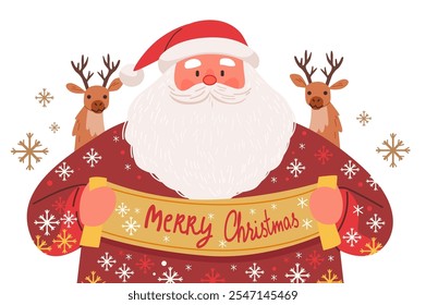 Santa Claus holding festive banner surrounded by reindeer and snowflakes in a cheerful holiday theme. Bright colors and playful design