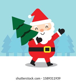 Santa Claus Holding Fir Tree, Cute Santa Claus Christmas Character, Merry Christmas Design Elements, Vector illustration isolated on Blue Background.