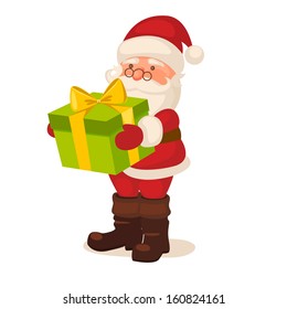 Santa Claus holding up a gift