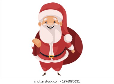 Santa Claus is holding a gift bag on his shoulder. Vector graphic illustration. Individually on a white background.