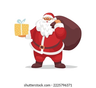 Santa Claus holding a gift and a big sack of gifts, flat cartoon vector character for design. Merry christmas and new year element.