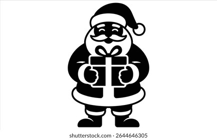 Santa claus holding a gift black and white illustration