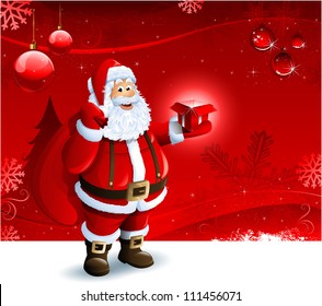 Santa Claus holding a gift box on red Christmas ornament background