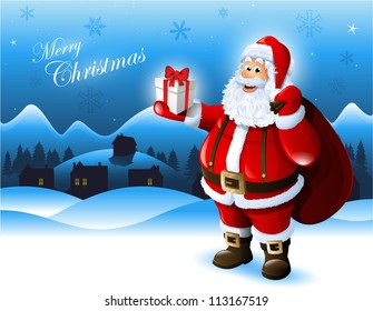 Santa Claus holding a gift box greeting card design