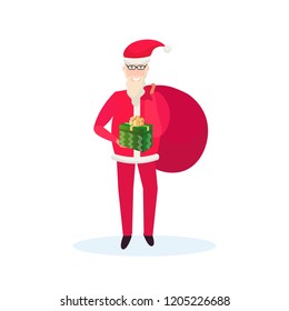 santa claus holding gift box sack happy new year merry christmas concept male cartoon character full length isolated vector illustration