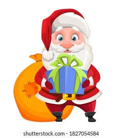 Santa Claus holding gift box. Cheerful Santa cartoon character. Merry Christmas and Happy New Year. Vector illustration