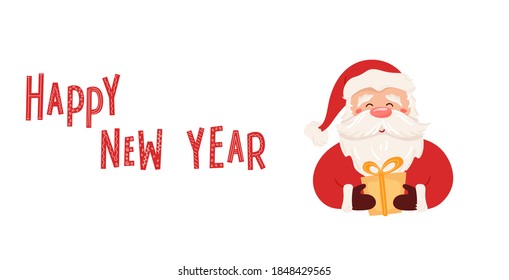 Santa Claus holding a gift box. Happy New Year banner with hand drawn text. Smiling Christmas character isolated on white background. Greeting card. Vector illustration.