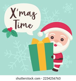 Santa claus holding gift box with xmas time speech bubble vector illustration