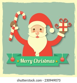 Santa Claus holding gift box and sweet within ribbon badge on green background. vector.