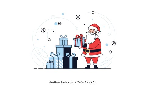 Santa claus holding a gift box with stack of presents and snowflakes illustration
