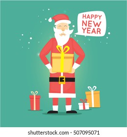 Santa Claus holding a gift box. Merry Christmas and Happy New Year. Flat design vector illustration.