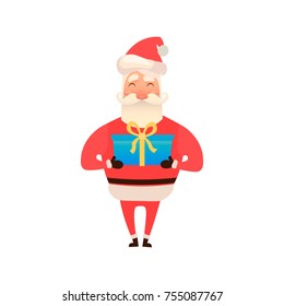 Santa Claus holding a gift box or giving present. Christmas tradition. Cute Father Frost. Vector illustration on white background. Cartoon and flat style