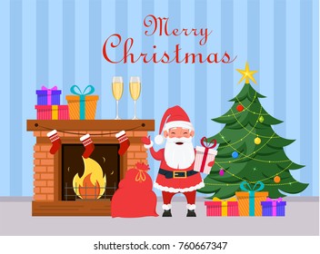 Santa Claus holding gift box and standing near fireplace and Christmas tree. Blue striped background. Merry Christmas and Happy New Year greeting card. Vector.