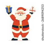 Santa Claus holding gift boxes in both hands. Flat Cartoon vector illustration isolated on white background. Christmas celebration and holiday concept.