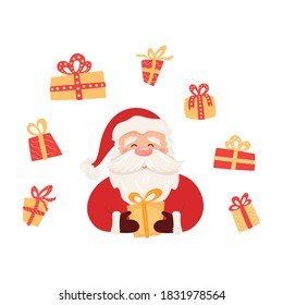 Santa Claus holding a gift. Collection of present boxes around for shopping concept. Greeting card for New Year and Christmas holiday, celebration, event. Cute character design. Vector illustration.