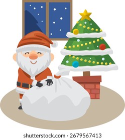 Papá Noel sosteniendo un regalo delante de un árbol de Navidad