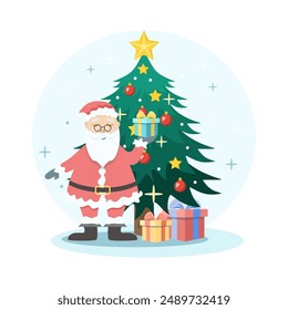 Santa claus holding a gift next to a christmas tree
