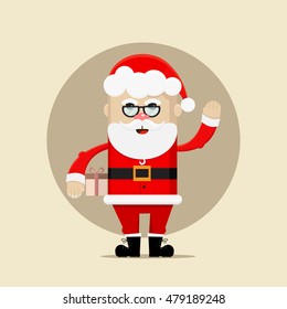 Santa Claus holding a gift and waving vector illustration 