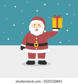 Santa Claus holding a gift with winter background, illustration of Santa claus with gift, santa claus cartoon holding gift at snowy background 